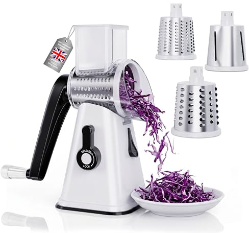 Rotary Cheese Grater, Vegetable Slicer with 3 Replaceable Stainless Steel Drum Blades，Rotary Grater with Handle and Strong Suction Base, for Vegetables, Fruit, Nuts (White)