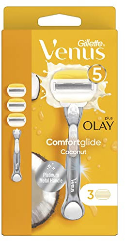 Gillette Venus Pro ComfortGlide Coconut Scented Women’s Razor with Olay Moisturiser, 1 Refill Razor Cartridges, Reusable Metal Handle and Shower Holder