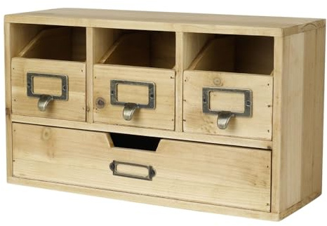 Flexzion Holz Schreibtisch Organizer Schubladen-Set Aufbewahrungsschrank – Naturholz Büro Aufbewahrung Schrank/Schmuck DIY Bastelprojekt Zubehör Organizer mit 4 Schubladen Türen für Zubehör | Vintage Tisch-Organizer aus Naturholz mit Schubladen, 36 x 21 x 14 cm, für Bürobedarf, Handwerk, Karten und Make-up