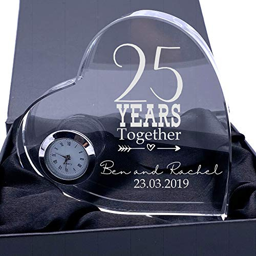 ukgiftstoreonline Engraved Heart Crystal Glass Clock Any 1st, 5th, 10th, 25th, 30th, 40th, 50th, 60th
