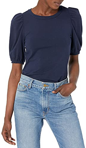 Amazon Essentials Women's Regular-Fit Puff-Sleeve Crewneck T-Shirt, Navy, M