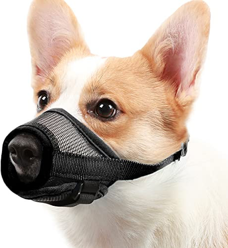 Mayerzon Maulkorb für Hunde, mit verstellbarem Klettverschluss, um Beißen, Bellen und Kauen zu verhindern, Luftnetz, atmungsaktiv, für kleine, mittelgroße und große Hunde (Black, S)