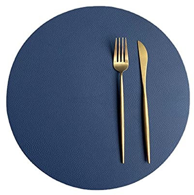 Rund Tischsets Abwaschbar, Zweifarbig Leder Kunstleder Platzset Wasserdicht Platzdeckchen Lederoptik für Hause Küche Restaurant und Hotel, 32cm (Blau+Grau,6 Stück)