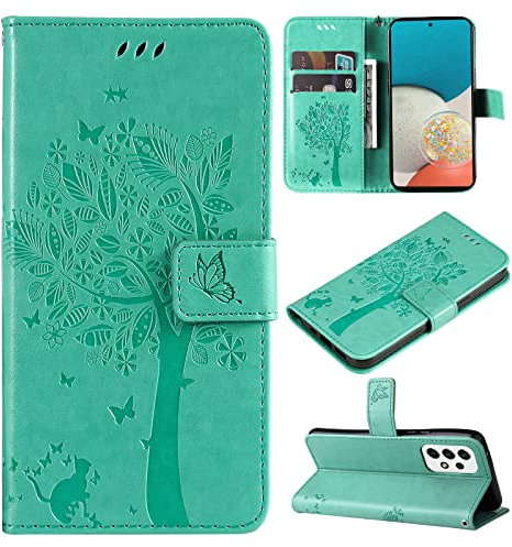 VEEMOS Handyhülle für Samsung Galaxy A53 5G Hülle Klappbar Katze-Baum mit Kartenfach Klapphülle Schutzhülle Handy Tasche Leder Book Flip Case Cover Handytasche Damen - Grün