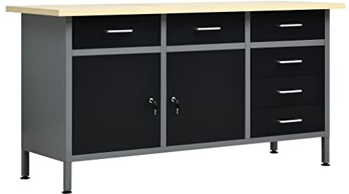 Werkbank mit 6 Schubladen & 2 Schränke, Holzähnlicher Maserung Tischplatte, Höhenverstellbare Füße, Werktisch Werkstatttisch Arbeitstisch, Metallgestell, Tragekapazität 500 kg, 160 x 60 x 85 cm