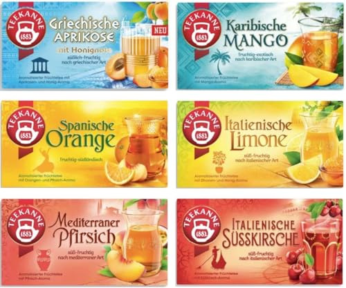 Teekanne Ländertee-Mix 6 Packungen, 270 g Teemischung | Griechische Aprikose, Spanische Orange, Italienische Limone, Karibische Mango, Mediterraner Pfirsich, Italienische Süßkirsche