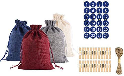 TianWlio Adventskalender zum Befüllen 24 Jutesäckchen Adventskalender zum Befüllen Stoff + Zahlen Etikett Bündelmuster Weihnachten 1-24 Geschenkbeutel Leinen Baumwollbeutel (Multicolor, One Size)