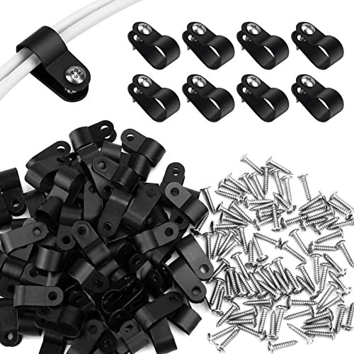 Aroidful 100pcs R Type Nylon Cable Clips,3/8inch Black Cable Cleats,Cable Tidy Clips,P Clips with Stainless Steel Screws,Cable Clips Outdoor for Home and Office