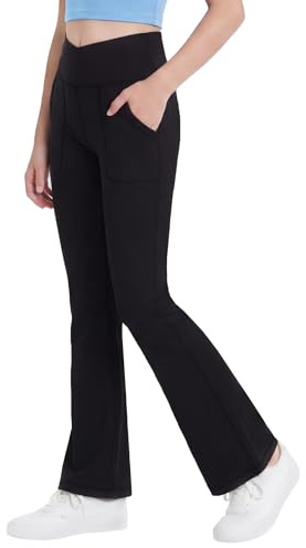 Gnainach Girls Flared Leggings Size 11-12 Solid Black High Waisted Kids Bell Bottoms Pants with Pockets Cute Clothes for Workout Yoga