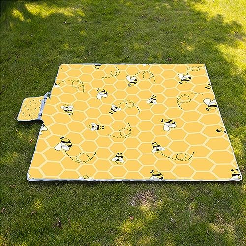 Picknickdecke 200x300cm,XXL Picknickdecke mit Wasserdichter Unterseite,Outdoor Stranddecke Sandfrei,mit Tragegriff Faltbare Picnic Blanket für Camping,Strand,Familie,Konzerte Honigbiene Bienenstock
