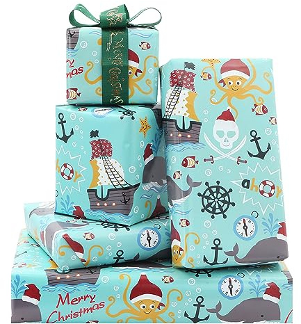 Weihnachts Geschenkpapier, 4 Bögen Ozeanpiraten Leben Schatz Schiff Insel Oktopus Wal Feiern Weihnachtspapier für Kinder Jungen Mädchen 50 x 70 cm pro Blatt mit Grünem Band an Weihnachten Urlaub