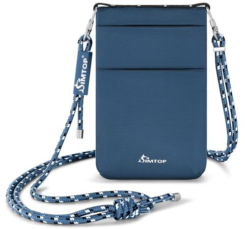 SIMTOP Custodia da Collo Impermeabile Con Protezione RFID per Uomo e Donna, Custodia Per Smartphone,Telefono Cellulare con Tracolla Per Passaporto, Borsa per Monete da Viaggio Leggera Blu