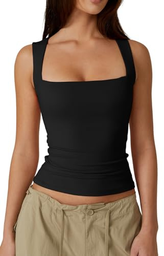 QINSEN Women's Square Neck Sleeveless Double-Layer Tank Tops Basic Tight T Shirts Black L