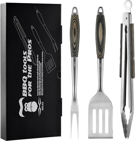 Grilaz Edelstahl-Grillwerkzeug-Set mit geäderten Holzgriffen | robustes Grillzubehör | 3-teiliges Grillutensilien-Set für den Außenbereich mit Spatel, Gabel und Zange – ideales Geschenk für Männer