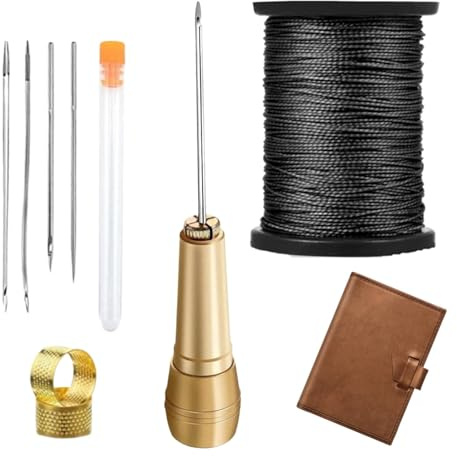Kasmole Kit de costura de cuero,Kit de punzón de costura de cuero | Herramientas para trabajar el cuero | Agujas de punzón para coser cuero y lona con mango de cobre, hilo de cordón de nailon de 50m y