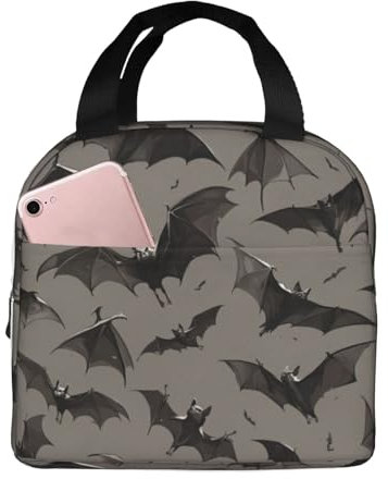 Bolsa de almuerzo con estampado gris de murciélagos de Halloween, lonchera portátil para hombres y mujeres, picnic, trabajo, viajes