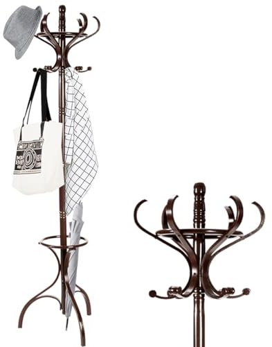 HOMASIS 182cm Kleiderständer, Garderobenständer mit 12 drehbaren Haken & Schirmständer, Jackenständer Garderobe aus holz für Mänteln, Hüten & Taschen, Standgarderobe für Schlafzimmer & Flur (Braun)