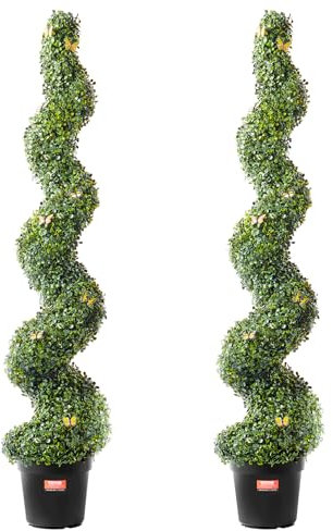 VEVOR Artificial Boxwood Topiary Tree, 60 inch Tall (2 Pieces), Spiral Faux Topiary Trees, Faux Plant w/Extra Leaves & Pot & Small Decoration, UV Rated Greenery Set for Home Decor Indoor/Outdoor