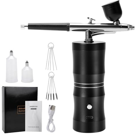 Airbrush Kit with Compressor, Rechargeable Cordless Air Brush Kit Nail Ombre Spray Machine with Cleaning Brush Set for Nail Art, Makeup, Painting, Cake Decor (Black)