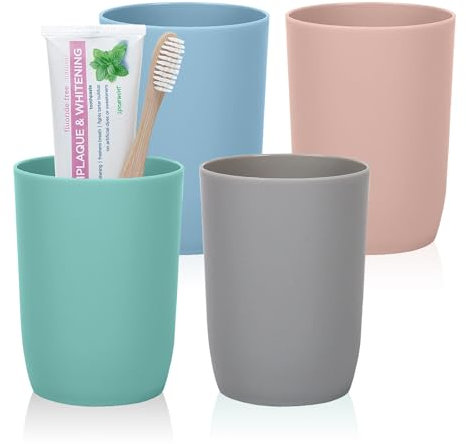 Hebaogugu Zahnputzbecher, Stapelbare Kunststoffbecher 4er Pack 280 ml, Wiederverwendbare Kunststoff-Wasserbecher für Küche, Bad, Bunte Mundspülbecher für Erwachsene, Kinder(Multi)