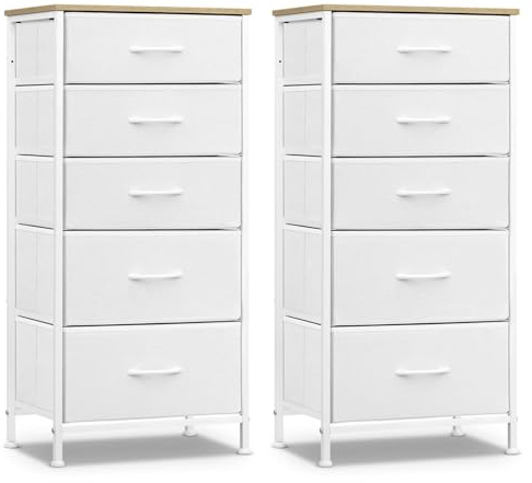 WOLTU Byrå med 5 lådor av tyg, uppsättning om 2, byråskåp, skänk, lådskåp, för sovrum vardagsrum hall, tillverkad av metallram och trämaterial, molnvit-ekbeige, SSK004ws-2