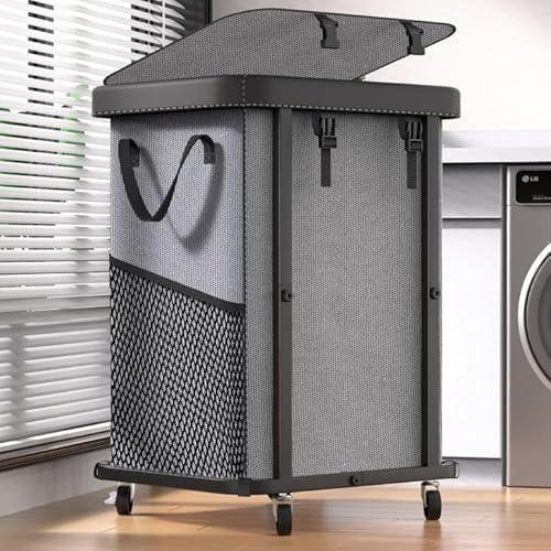150L (40 Gal) Large Fashion Laundry Basket with Wheels, Leather Patchwork Rolling Hamper Carts, Sturdy Metal Frame, Removable Washable Bag, Tall Clothes Sorter for Bedroom, Laundry Room - Gary