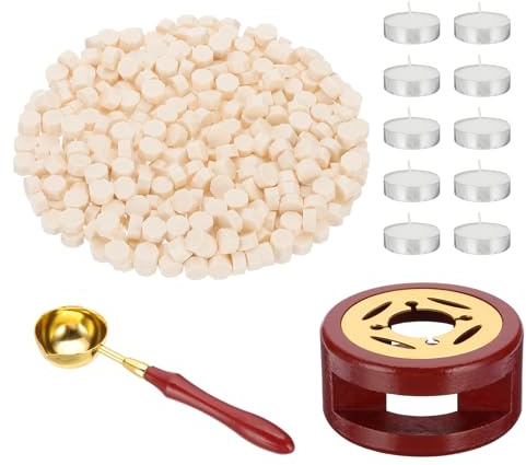 PATIKIL Wachssiegel-Set, 360 Stück Wachskügelchen Siegelset für Umschläge Briefe mit Wärmer, Löffel und Teelichtkerzen für Stempel, Weiß