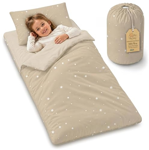 Saco de dormir infantil con almohada y cremallera para bebés de 3 a 7 años - 75x140 cm Saco de dormir para interiores de para guardería jardín de infancia Oeko-Tex 75 x 140 Beige con estrellas blancas