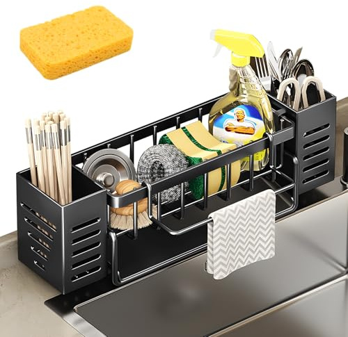 Spülbecken Organizer Schmal - Spüle Organizer mit Spültuchhalter und Aufbewahrungsbox, Sink&Spüle Organiser Schmal mit Automatisch Abflusspfanne, Kostenloser Schwammlappen Küchen-Upgrade (Schwarz)