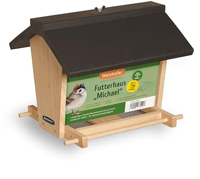 Vogelfutterhaus „Michael“ aus Kiefernholz zum Aufstellen – großes Vogelhaus mit 3 kg Füllmenge, leicht zu reinigen & zu befüllen, wetterfest, ohne Standfuß, Futterhaus handgemacht in Europa