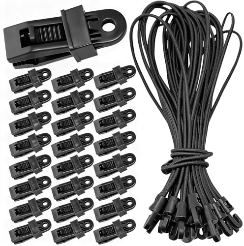 Yonality Lot de 25 Clips pour bâche de Tente et 25 tendeurs en Caoutchouc avec Crochets, Kits de Clip de Verrouillage Robuste, Pince de Toile de Tente Ajustable, pour bâches, auvents, bannières