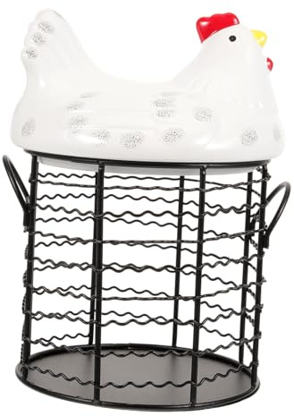 TOPPERFUN Ceramic Egg Basket Hen Shape Food Storage Container Multi-function Kitchen Organizer for Eggs Fruits Garlic Potatoes Countertop Use with Handle