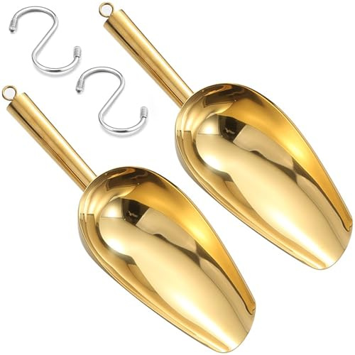 Ice Cream Scoop 6oz, 2 Pcs Stainless Steel Kitchen Ice Scooper for Ice Maker, Small Gold Food Scoops for Popcorn, Coffee Beans and Flour, Ideal for Bar, Parties & Weddings, Dishwasher Safe