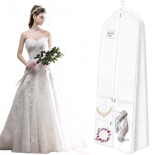 DENUOTOP Weiß Kleidersack für Brautkleider, Faltbar Hochzeitskleider Kleidersacke Lang 180 cm, Brautkleider Schutzhülle mit Reißverschlüssen für Brautkleid Abendkleider Mäntel Anzüge Lange Kleider