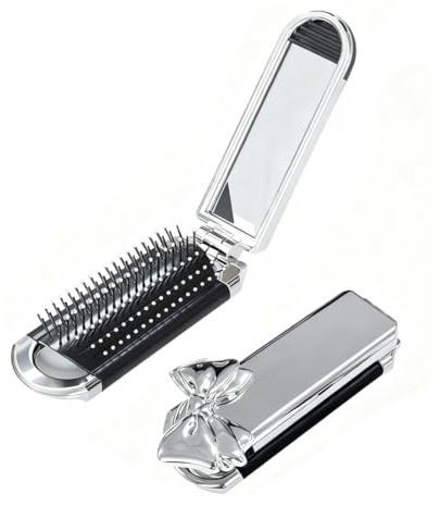 YUVKIN Pack de 1 Brosse à cheveux pliable avec miroir, peigne de voyage compact avec autocollant amovible, mini brosse pour coiffure portable pour filles et hommes (Argent)