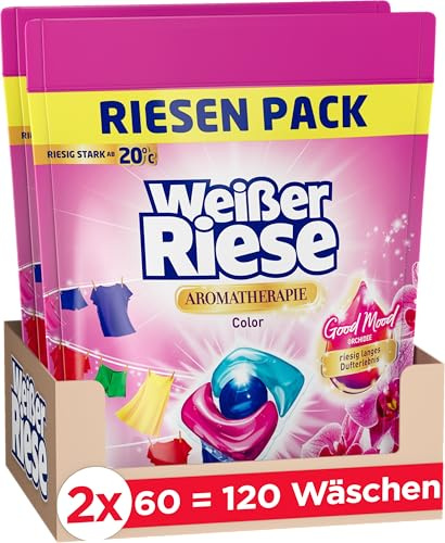 Weißer Riese Color Trio-Caps Aromatherapie Orchidee (120 Waschladungen), Color Waschmittel mit Good Mood-Duft für ein riesig langes Dufterlebnis und strahlend saubere Wäsche, 100% recycelbar