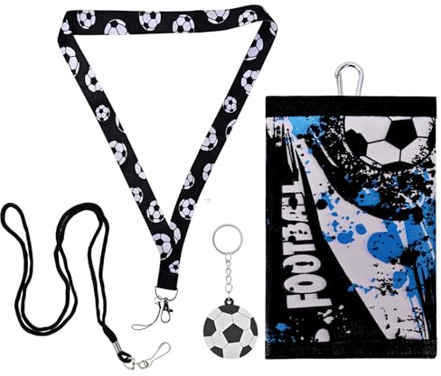 LEHEEYWT Football Boys Wallet, Trifold Neck Kids Wallet with Football Keyring and 2 Pairs Lanyards, Velcro Waterproof Wallets for Teenage Boys Girls 9-12 Gifts (Blue)