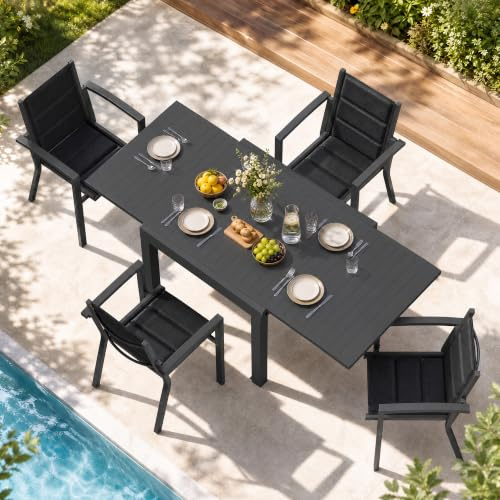 JUMMICO 4 Persone Set Tavolo e Sedie Da Giardino In Alluminio, 4 Sedie Impilabili e 1 80-160CM Tavolo Da Giardino Allungabile In Alluminio, Set Da Giardino Esterno
