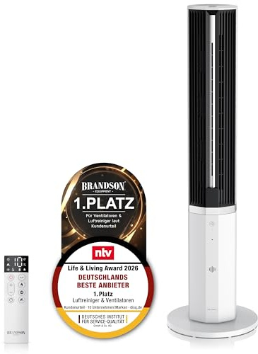 Brandson - Turmventilator mit Wasserkühlung – Preisträger 2026 - Luftkühler inkl. Luftbefeuchter - DC-Motor sehr leise – 12 Geschwindigkeiten - Fernbedienung