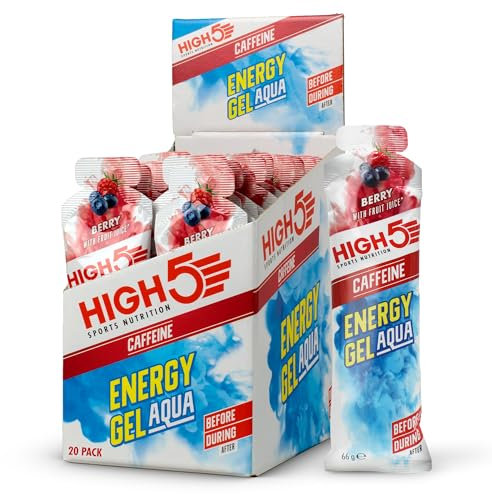 HIGH5 Aqua Caffeine Carbohydrate Gels - Running Supplements for Fast Energy - Natural Fruit Juice - Muscle Gel Endurance Fuel for Cycle Nutrition & Energy Gels for Hiking (Berry, 20 x 66g)