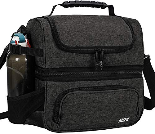MIER Dual Compartment Lunch Bag Tote with Shoulder Strap for Men and Women Insulated Leakproof Cooler Bag, Dark Grey