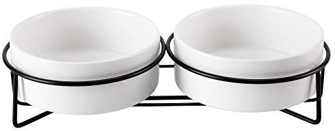 PETTOM Katzennapf Erhöht, Katze Futternapf Futterstation, Keramik Fressnapf und Wassernapf für Katzen und kleine Hunde (Weiß + Weiß)