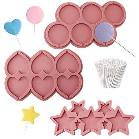 3 stampi rotondi in silicone a forma di cuore, stella, lecca-lecca, cioccolato, lecca-lecca, fondente, con 100 bastoncini per lecca-lecca per fare cioccolato, caramelle, cubi in famiglia
