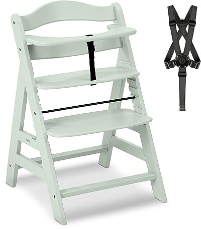 hauck Alpha+, Mint - Mitwachsender Holzhochstuhl aus Buche für Kinder ab 6 Monaten bis 90 kg - Inklusive 5 Punkt Gurt, Schrittgurt, Schutzbügel - Kompatibel mit viel Zubehör