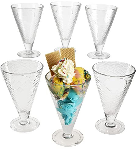MamboCat Copa Helado Lot de 6 gobelets à glace avec pied en verre - Transparent - 280 ml - Avec gaufre en relief - Bol à dessert conique - Verres à glace, gobelets à fruits - Pour apéritifs, cocktails