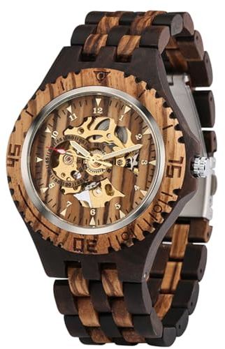 Tiong Mechanische Sportuhr aus Holz, hohles digitales Zifferblatt, Holzarmband mit leuchtenden Zeigern, mechanische Herrenuhr，Geschenke für Männer