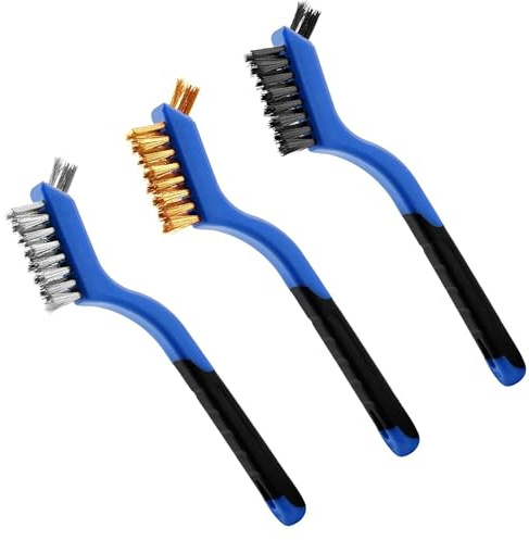 Wire Brush Set (3-Pack) for Precision Cleaning – Brass, Nylon & Stainless Steel Brushes for Rust Removal, Delicate Surfaces & Tight Spaces – 7-Inch Curved Handle