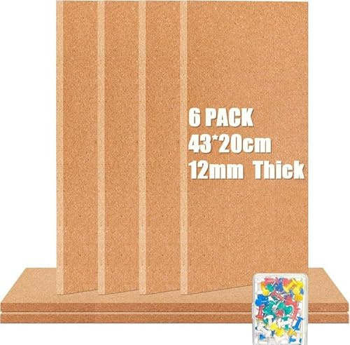6 Pack 12mm Self-Adhesive Cork Board, 43×20cm Rectangle Bulletin Cork Tiles for Walls, Thick Corkboard Tiles for Office Pictures, Photos, Drawing Display - Brown