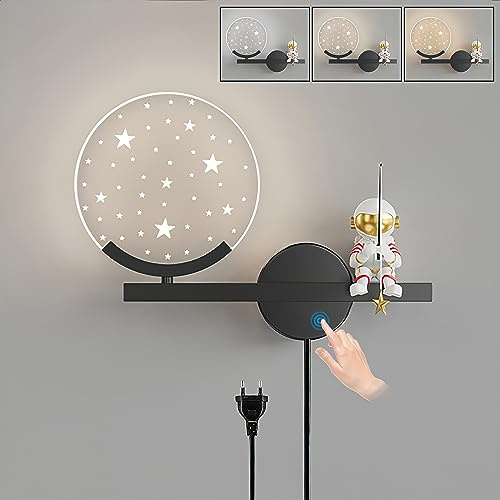 KZT LED Wandleuchte Dimmbar mit Touch Schalter Kinderzimmer Wandlampe mit Kabel Stecker Modern Kinder Schlafzimmer Nachttischlampe 8W Astronaut Nachtlampe Innen Wandbeleuchtung Für Wohnzimmer Flur