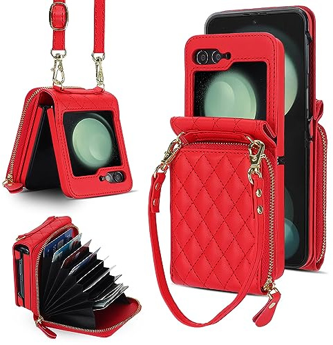 XIZYO Fermeture à Glissière Cuir Coque pour Samsung Galaxy Z Flip 5, Rouge | Housse Paquet de Cartes Flip PU, avec Lanière Amovible et Réglable, Couleur Unie, avec Porte-Cartes, Mignon Luxe Antichoc